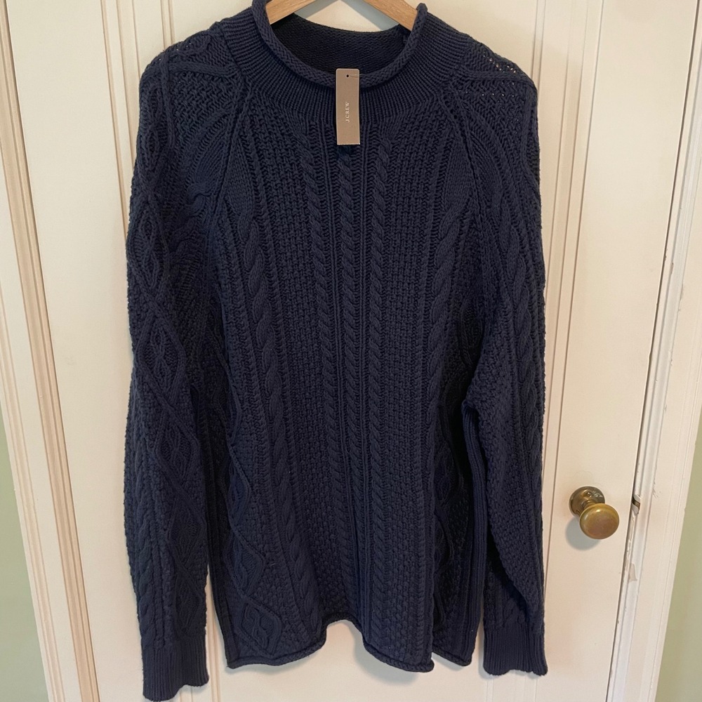 NWT J.Crew Oarsmen Roll Neck Navy Blue Cable Knit Cotton Sweater Medium